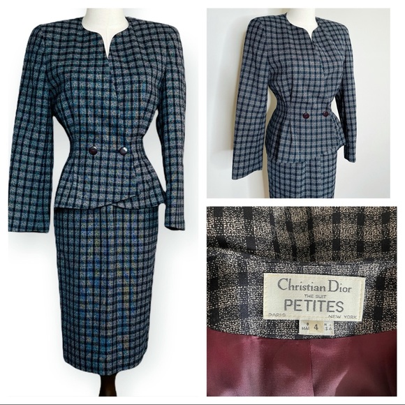 Vintage Christian Dior Petites Gray Wool Skirt Suit.